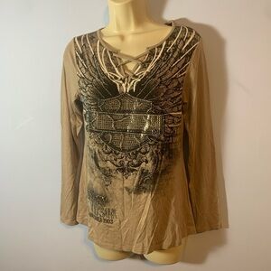 Harley Davidson Women's Tan Graphic Long Sleeve Top rhinestone studded wings S